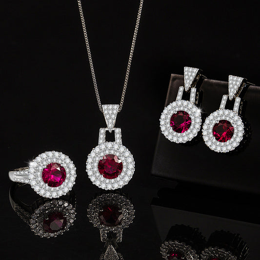 European and American popular colored gem three-piece set pigeon blood red corundum jewelry set high-end red necklace ring earrings accessories