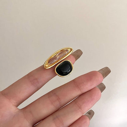 French light luxury niche design copper plated real gold black agate special-shaped natural smoky quartz light luxury open ring female