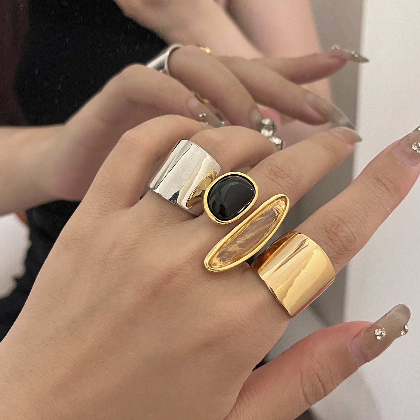 French light luxury niche design copper plated real gold black agate special-shaped natural smoky quartz light luxury open ring female