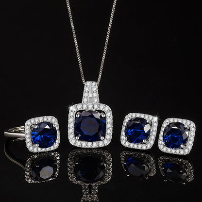 New European and American style square bag sapphire colored gemstone set luxurious inlaid blue spinel pendant earring ring three-piece set