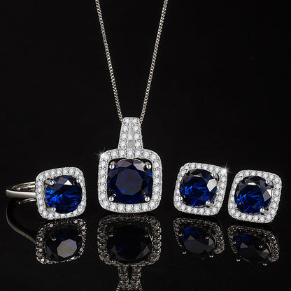 New European and American style square bag sapphire colored gemstone set luxurious inlaid blue spinel pendant earring ring three-piece set